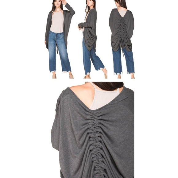 Gray Long Gathered Back Open Circle Hem Cardigan - Picture 6 of 8